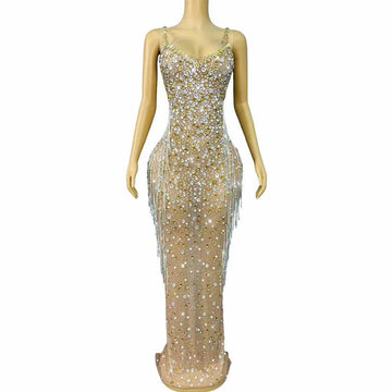 Sexy Flashing Rhinestines Crystals Chains Nude Mesh Suspenders Dress Women Party Celebrate Evening Red Carpet Gowns Stage Wear