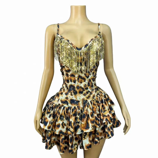 Sparkly Rhinestones Sexy Leopard Halter Mini Dress Women Evening Birthday Party  Performance Dance Costume Nightclub Stage Wear
