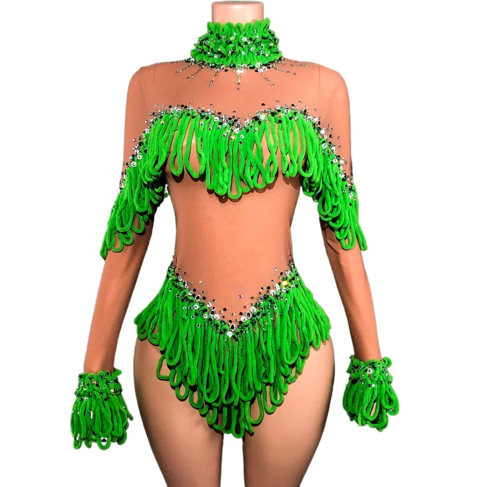 Sparkly Rhinestone Tassels Long Sleeves Bodysuit Women Sexy Mesh See Through Performance Dance Costume Stage Wear Party Outfit