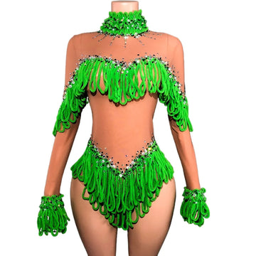Sparkly Rhinestone Tassels Long Sleeves Bodysuit Women Sexy Mesh See Through Performance Dance Costume Stage Wear Party Outfit