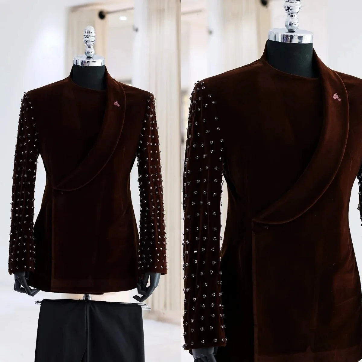 Men Suits Vintage Shawl Lapel Rhinestone Tailor-Made 2 Pieces Set Jacket Velvet Double Breasted Blazer Customized Coat Pants