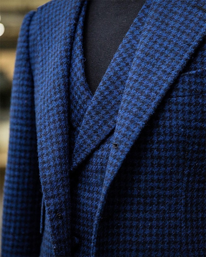 Conjunto de traje azul para hombre, 3 piezas, a medida, de lana de invierno, blazer, chaleco y pantalones, para boda, graduación, esmoquin y chaqueta. 