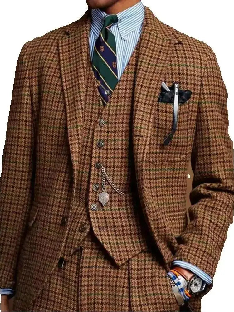 Vintage Suits Men Single Breasted Business Blazer Customized Houndstooth Plaid 3-Piece Man Daily Party Groom Tuxedo Dress