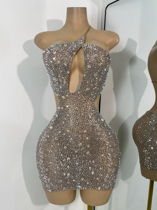 Sparkly Silver Rhinestones Mini Dress Luxury Women Sexy Mesh Hollow Out Celebrity Birthday Cocktail Dresses Performance Wear