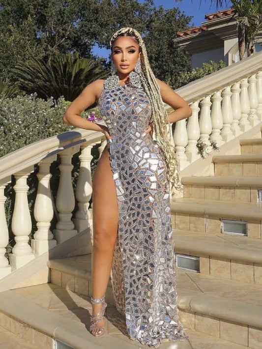Flashing Mirror Rhinestone Silver Gold Long Split Prom Dress Celebrity Evening Party Birthday Gown Female Singer Stage Show Wear