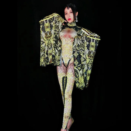 Gold Rhinestones Jumpsuit Women Sexy Leotard Big Sleeve Stage Costumes Singer Performance Outfits Dancer Rompers