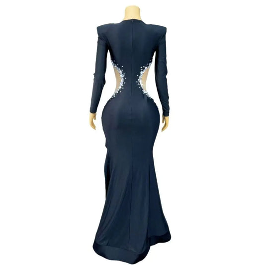 Women Luxury Rhinestones Gown Elegant High Split Long Dress Evening Cocktail Party Blingbling Outfit Photoshoot Stage Wear
