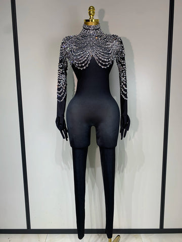Women Sexy Nightclub Evening Party Drag Queen Singer Dancer Stage Performance Costume Luxury Rhinestone Stretch Jumpsuit
