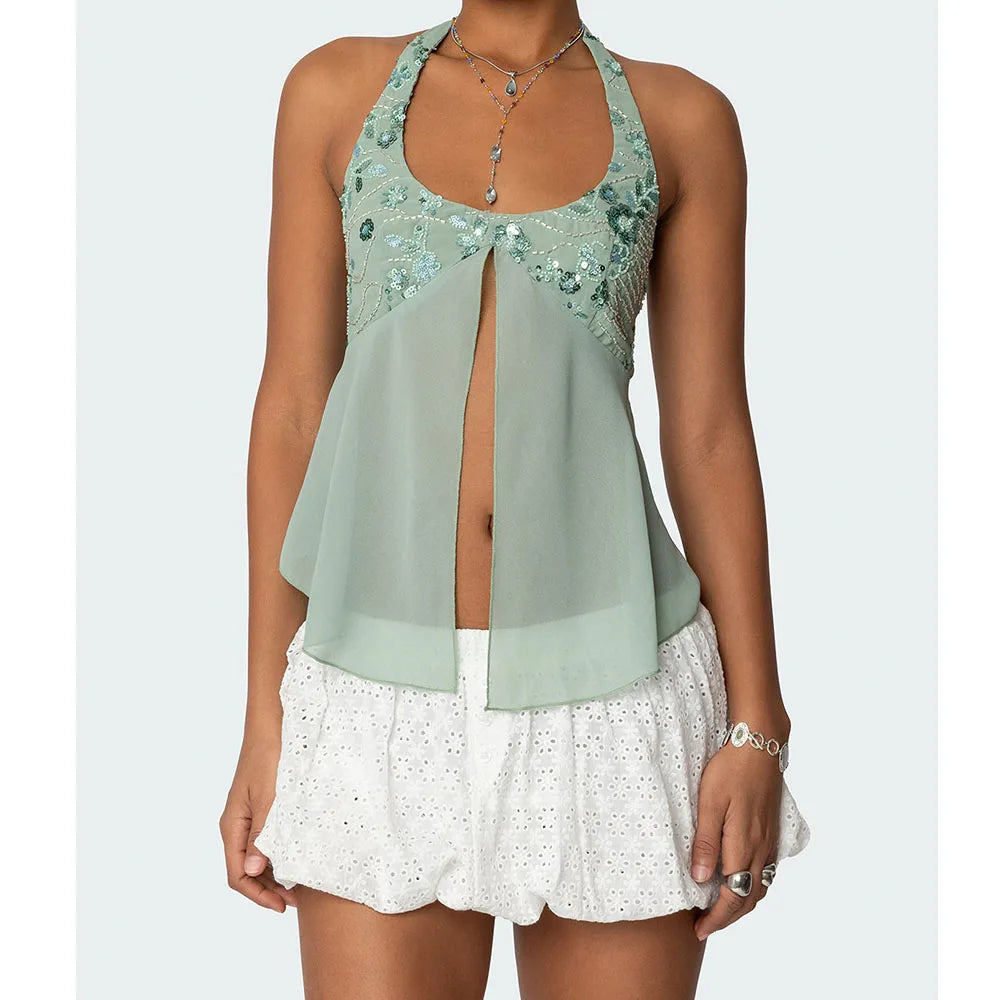 Women Y2k Pearl Embellished Sequins Halter Tops Mesh Splicing Sleeveless Backless Split Slim Fit Tops Lady Boho Beach Tanks Tops