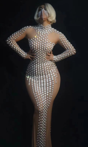 Fashionable Large Pearl Long Dress Wedding Party Birthday Nightclub Sexy Mesh Female Dancer Singer Celebrity Festival Clothing