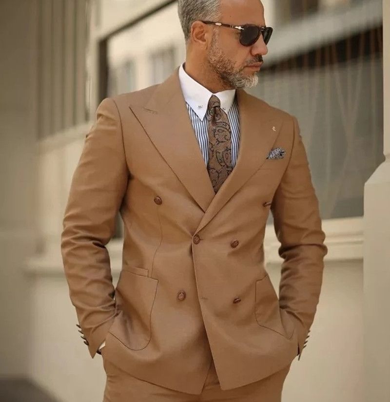 Traje de hombre marrón liso de 2 piezas, blazer de negocios, pantalones cruzados, moderno, para boda, novio, formal, trabajo, fiesta, casual, a medida 