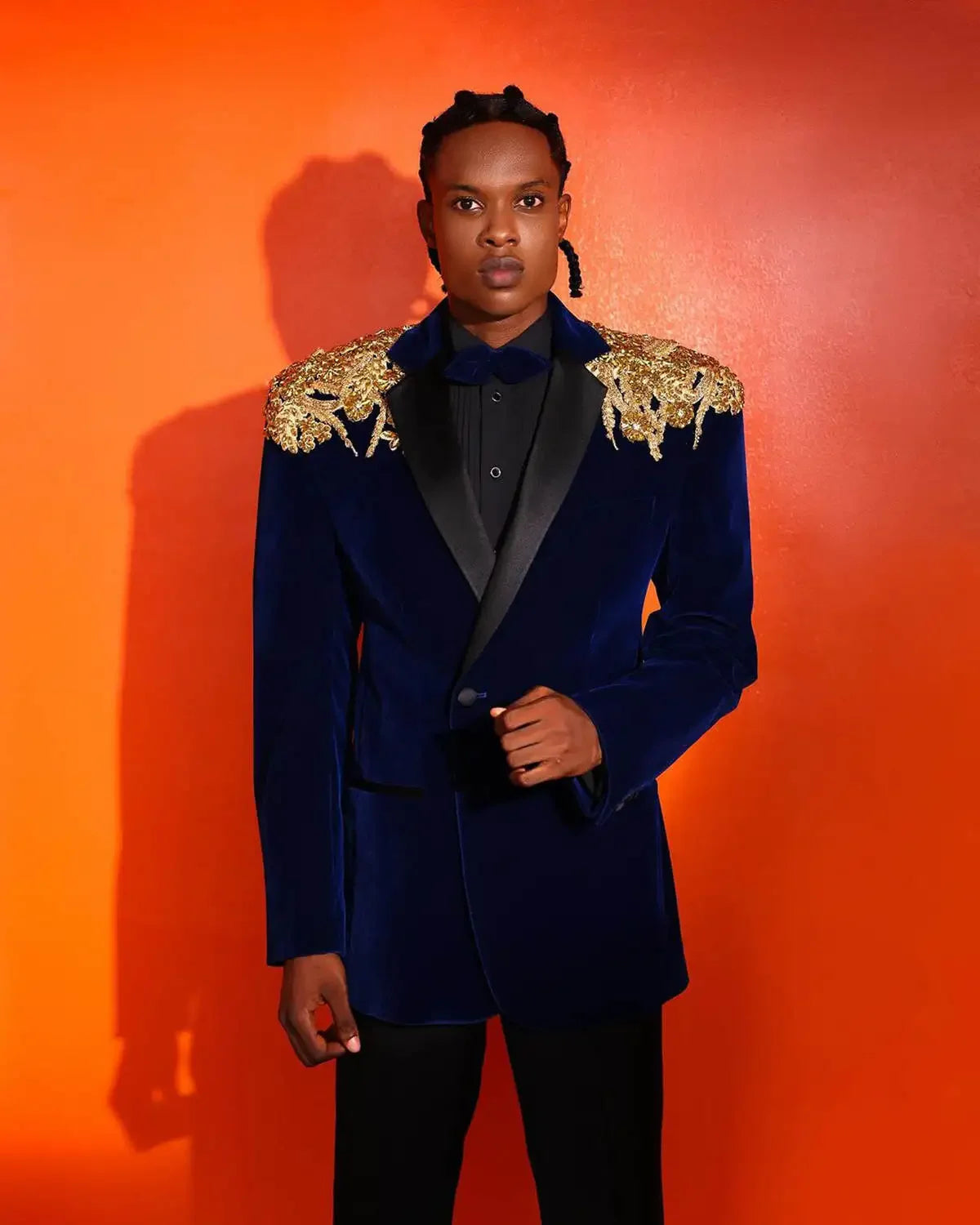 Costume de mariage 2 pièces en velours bleu marine pour homme, revers cranté, croisé, perles dorées, smoking, marié, fête d'affaires, blazer et pantalon