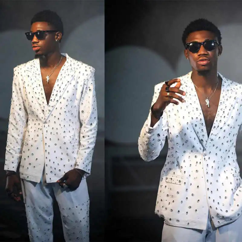 Designer Rhinestone Men Wedding Suits Notched Lapel Tuxedo Single Breasted Groom Wear 2 Pcs Jacket Pants Party Customized