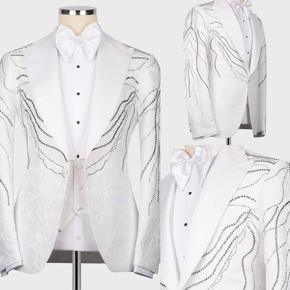 Fashion Men Suit Tailored Blazer 3 Pieces Set Coat Peaked Lapel Rhinestone Jacquard Formal Occasion Customized Jacket Vest Pants