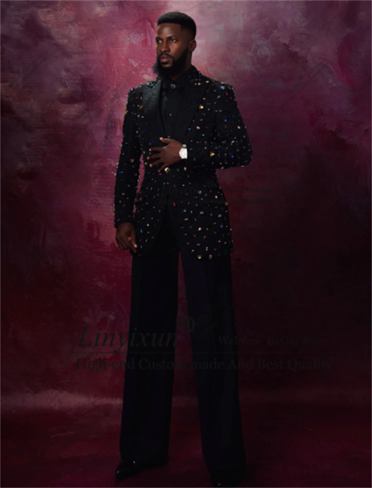Customized Sparkly Metal Embellished Tuxedos Men Suits Slim Male Party Prom Blazers 2 Pieces Sets Wedding Groom