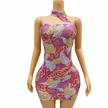 Robe sexy de printemps argentée, rose, rouge, strass, transparente, sans noir, pour soirée, anniversaire, célébration, cristaux, séance photo