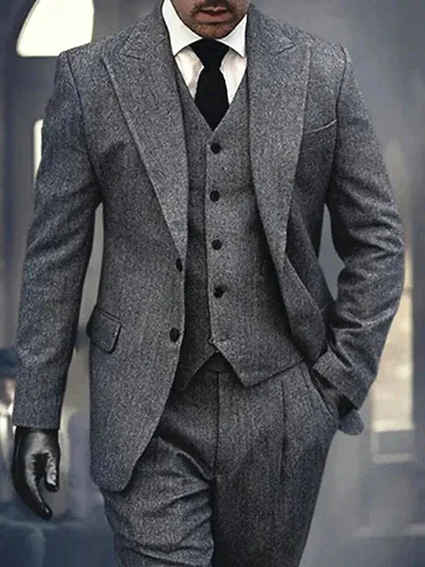 Costume 3 pièces gris à chevrons pour homme, coupe slim, revers en pointe, smoking de bal en tweed pour garçons d'honneur (blazer, gilet, pantalon)