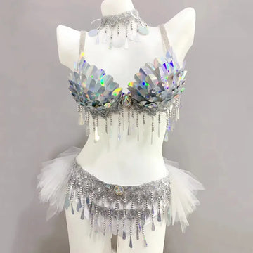 Ensemble de danse du ventre pour danseuse, compétition, performance sur scène, paillettes argentées, bikini, tenue de rave, boîte de nuit, bar, fête 