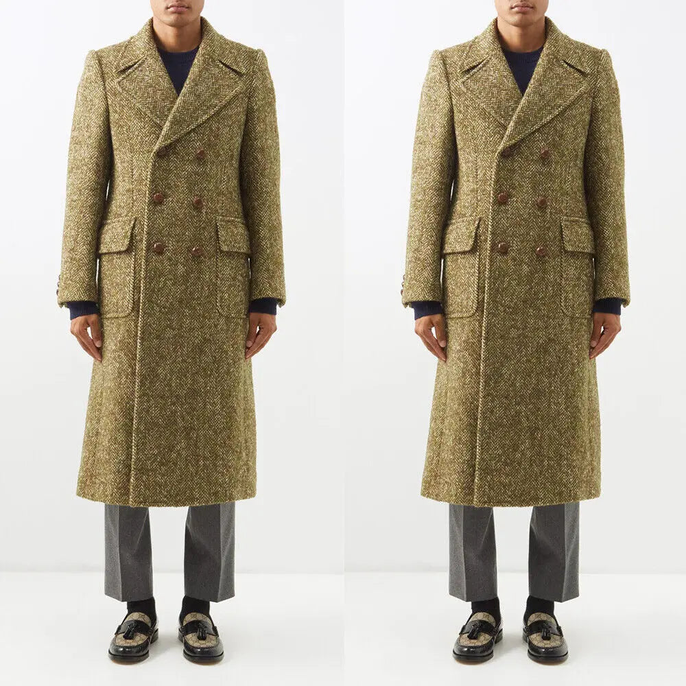 Classic Long Coat For Men Double Breasted Peak Lapel Herringbone Jacket Business Office Warm Blazer Custom Made Only Overcoat