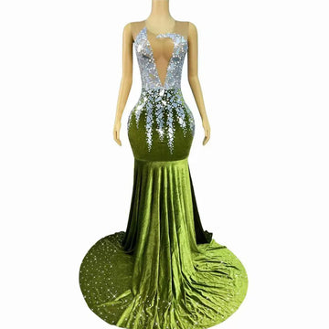 High-end Flashing Silver Mirrors Rhinestones Elegant Trailing Dress Birthday Evening Prom Gown Red Carpet Show Photoshoot Outfit