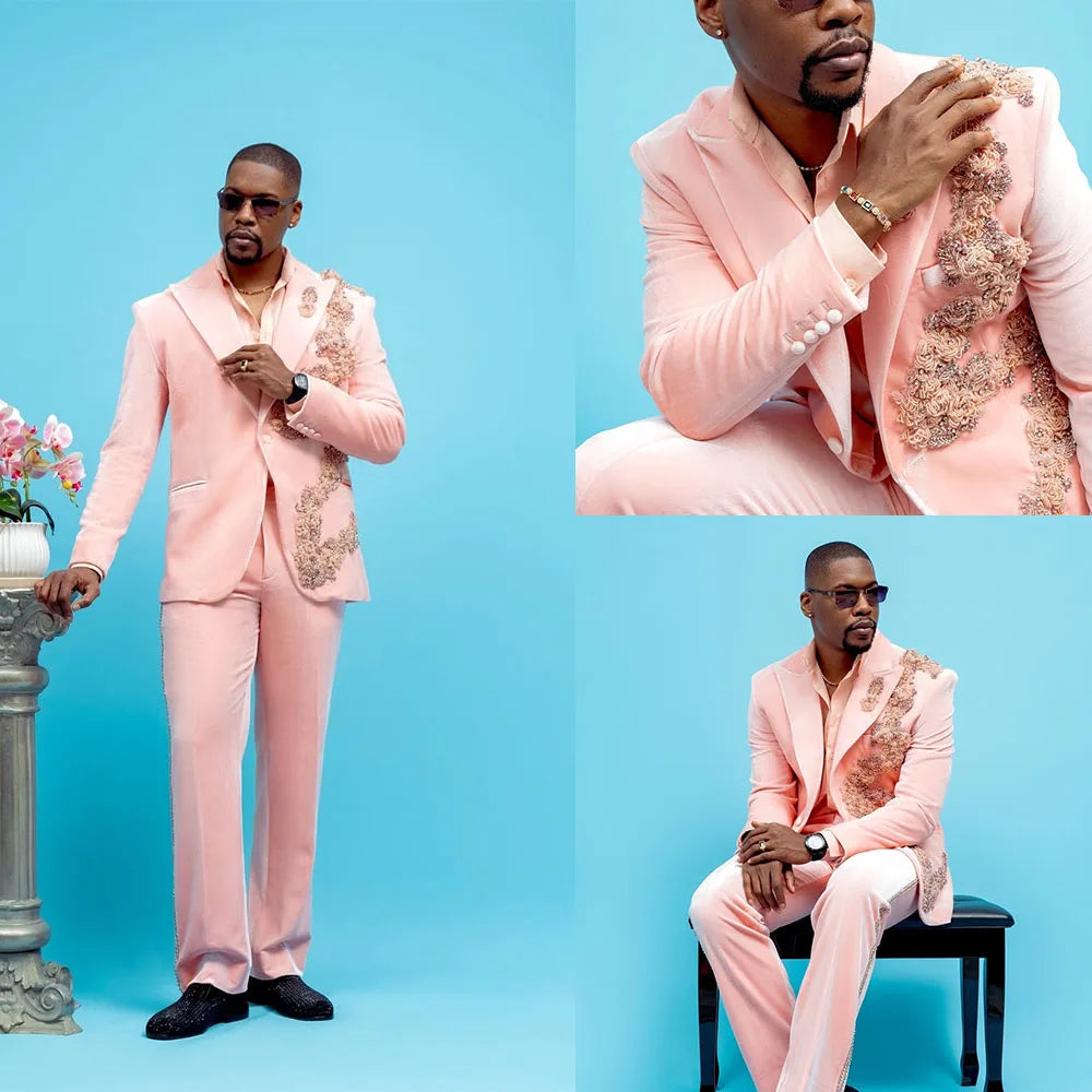 Fashion Men Suits Tailor-Made 2 Pieces Set Peaked Lapel Jacket Ruffle Blazer Rhinestone One Button Groom Customized Coat Pants