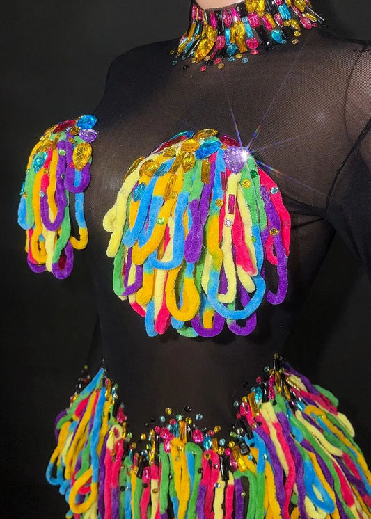 Sparkly Rhinestones Colourful Tassels Dress Women Sexy Mesh See Through Performance Dance Costume Dancer Stage Wear