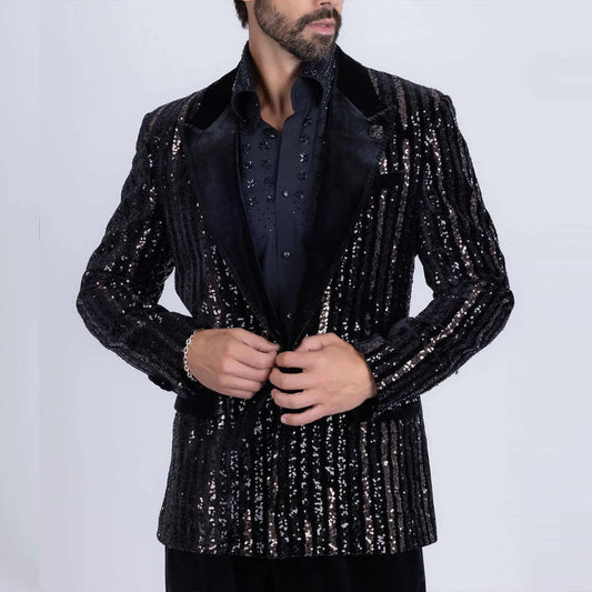 Customized Luxury Diamond Men Suit for Wedding 2 Pieces Sets Male Prom Blazer Crystals Sparkly Beaded Slim Trajes Para Hombre