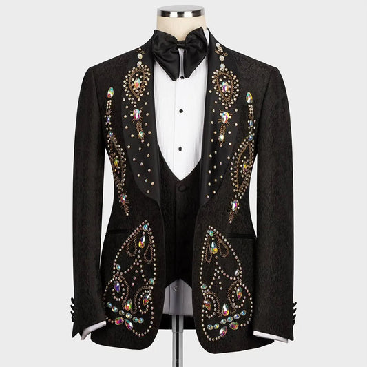 Customized Men Suits Trajes Para Hombre Glitter Diamond 2 Pieces Sets Male Prom Blazer Shawl Lapel Groom Wedding Tuxedos