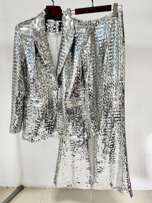 Conjunto de traje de moda para mujer, blazer con lentejuelas brillantes y pantalones acampanados, conjunto de dos piezas, elegante atuendo plateado