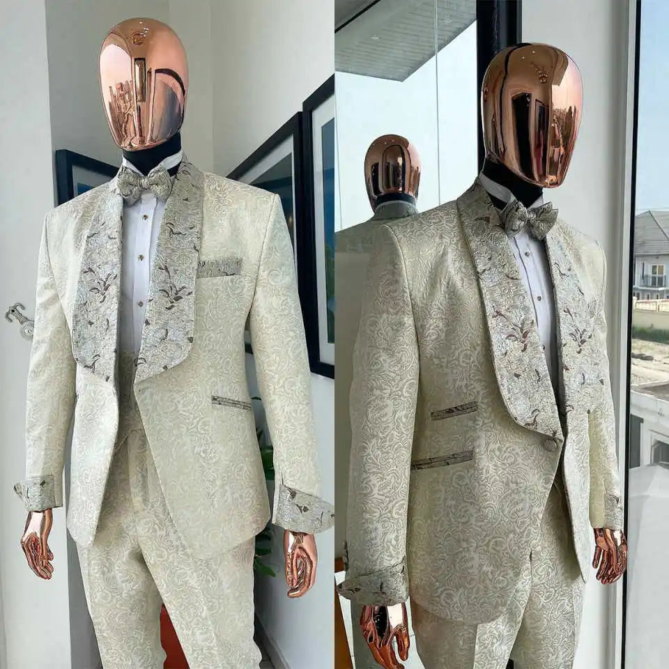Elegant Wedding Tuxedos Jacquard One Button Men Suit Shawl Lapel 3 Piece Set Jacket Vest Pants Evening Groom Blazers Customized