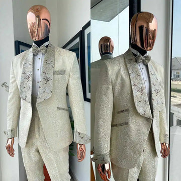 Elegant Wedding Tuxedos Jacquard One Button Men Suit Shawl Lapel 3 Piece Set Jacket Vest Pants Evening Groom Blazers Customized