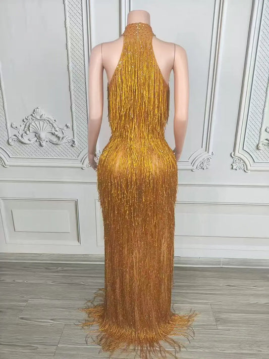 Women Sexy Shiny Gold Crystals Tassel Luxury Long Dress Elegant Prom Gown Evening Club Birthday Wedding Party Singer Stage Dress