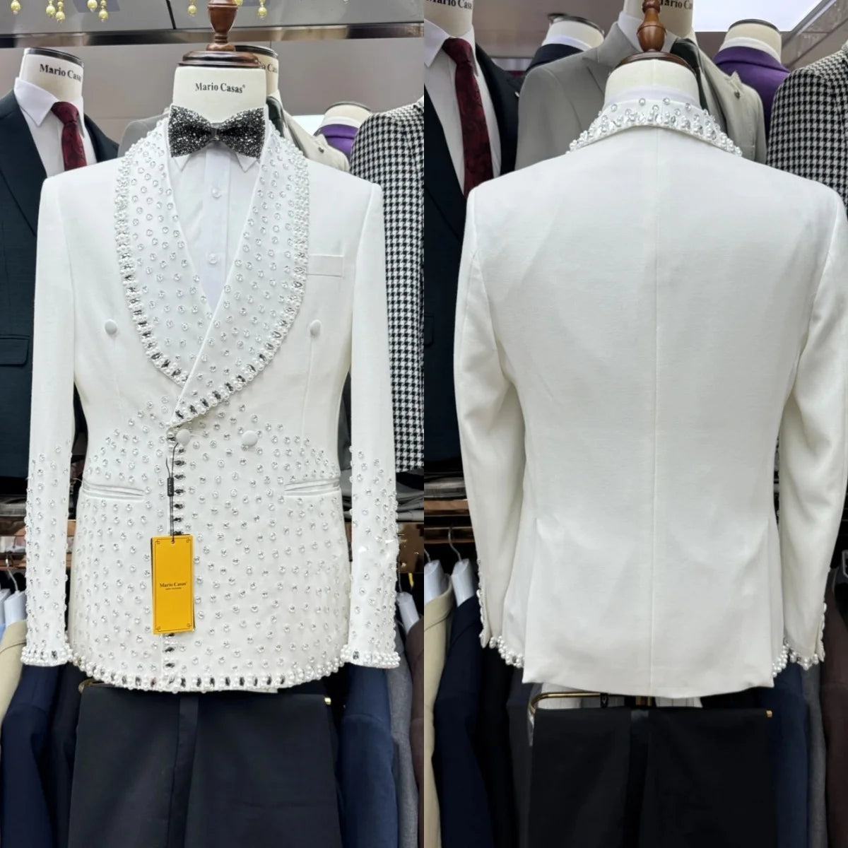 Modern Men's Suit Pearls Rhinestone Shawl Lapel 2 Pieces Set Jacket Tailor-Made Blazer Double Breasted Customized Coat Pants