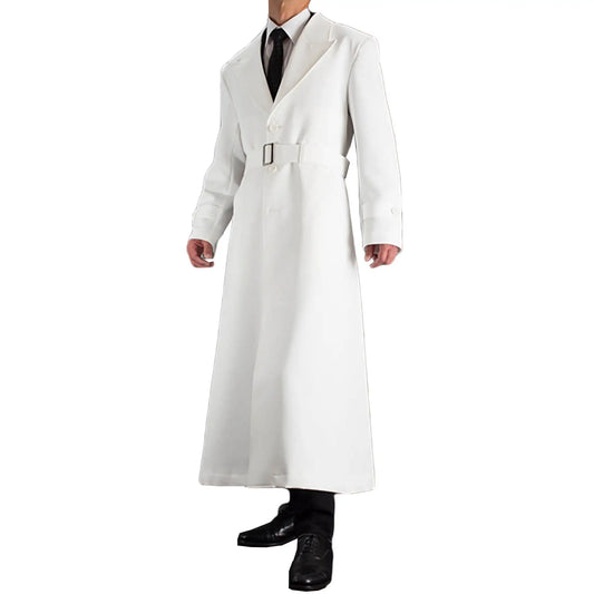 Elegant White Trench Coat for Men with Belted Design – Lightweight Autumn Formal Wear for Weddings and Events