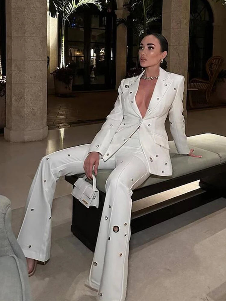 Runway Pantsuits for Women Designer Fashion White Suit Set Wedding Single Button Rivet Eyelet Lapel Blazer Pants Set 2pcs