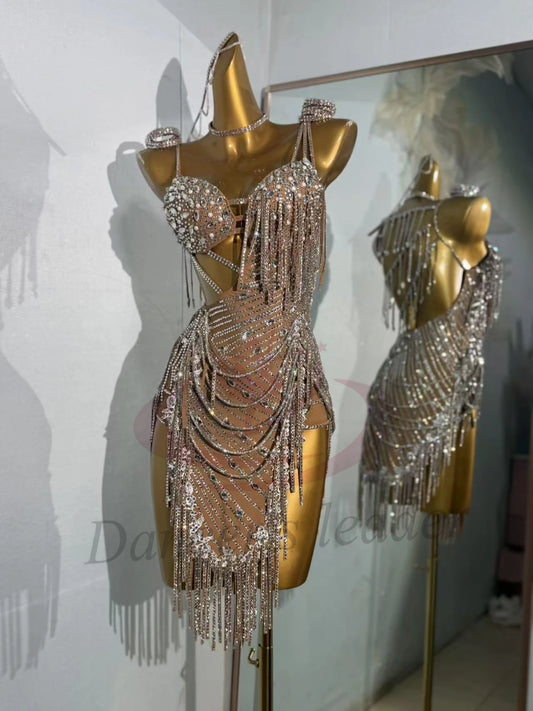 Latin Dance Dress, High-end Custom Khaki Color Hollow Out Dress, Tango Female Adult Children's Stage Professional Clothing