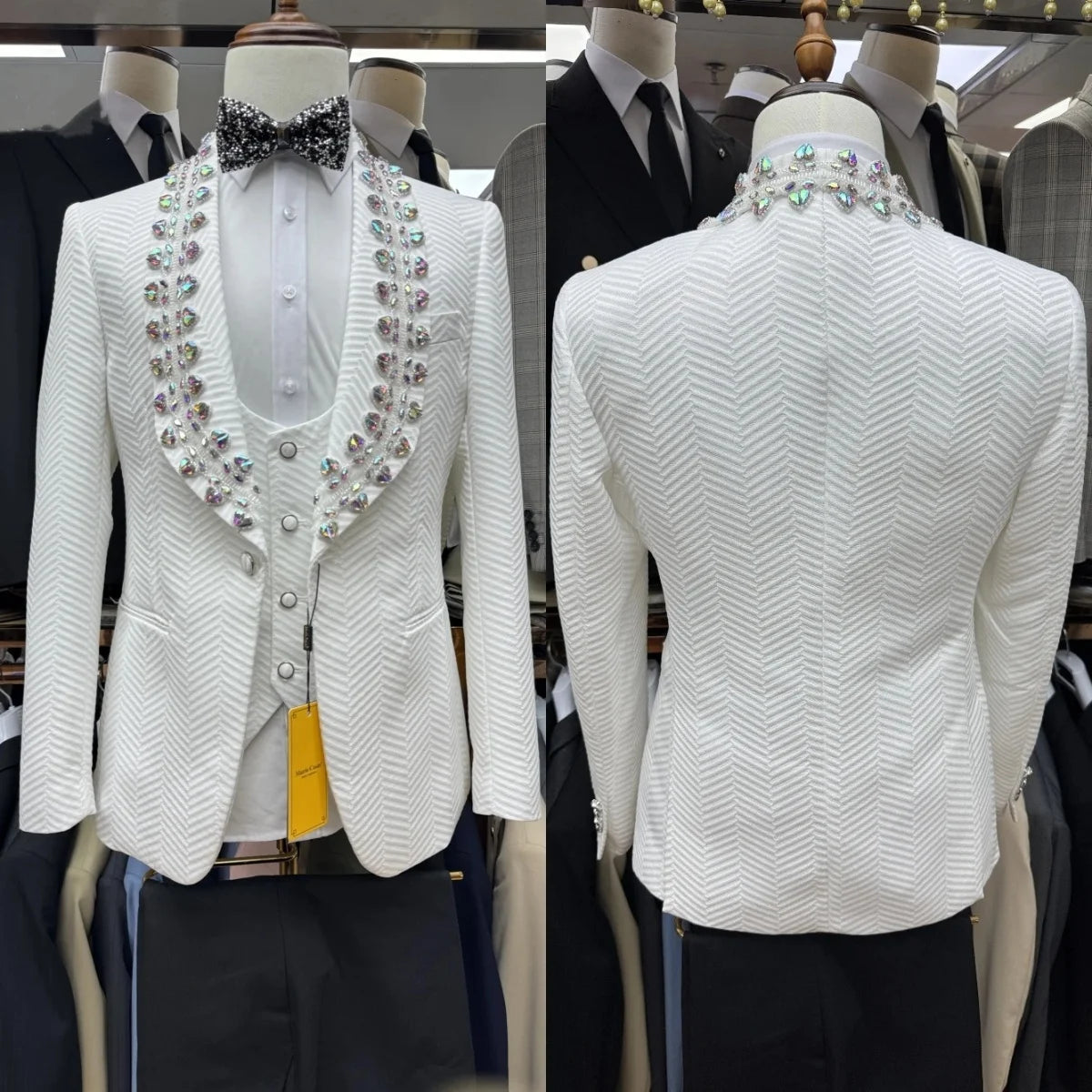 Elegant Men Suits Crystal Tailor-Made 3 Pieces Shawl Lapel Jacket Beading Blazer One Button Groom Customized Coat Vest Pants