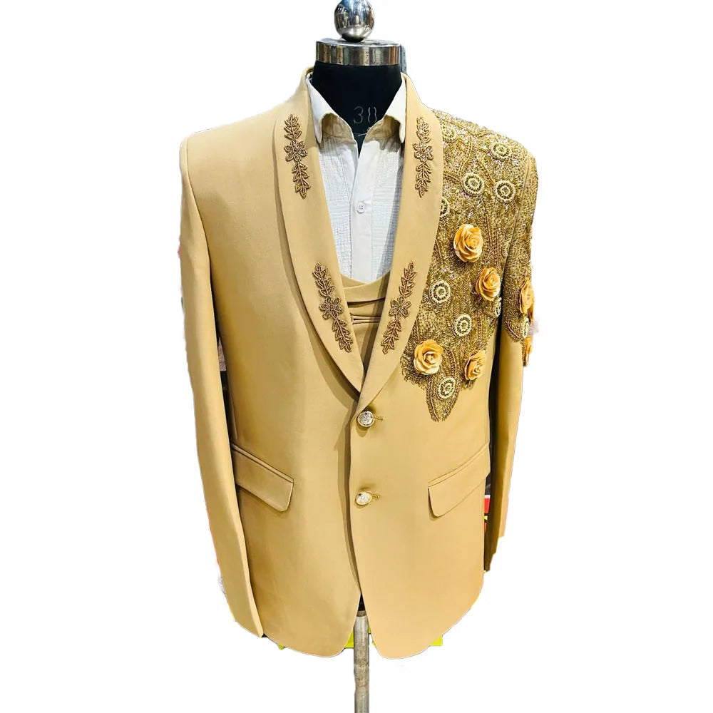 Luxury Men Suits Shawl Lapel 3D Flowers Tailor-Made One Pieces Set Jacket Only Blazer Beading One Button Groom Customized Coat
