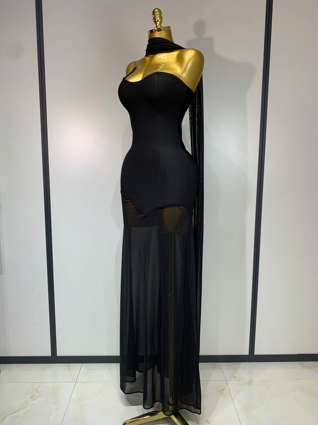 Sexy Strapless Long Bandage Dress Black Mesh Patchwork Elegant Women Blackless Evening Party Gowns Bodycon Birthday Dresses