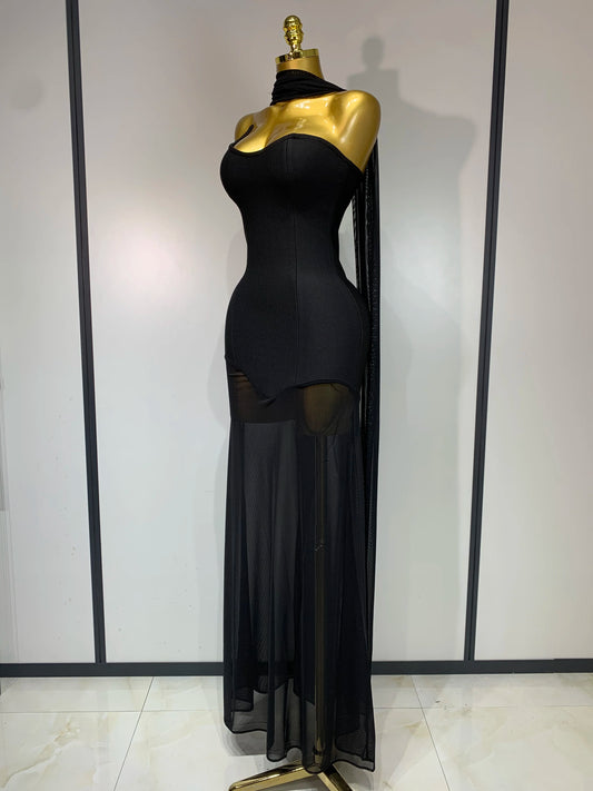 Sexy Strapless Long Bandage Dress Black Mesh Patchwork Elegant Women Blackless Evening Party Gowns Bodycon Birthday Dresses