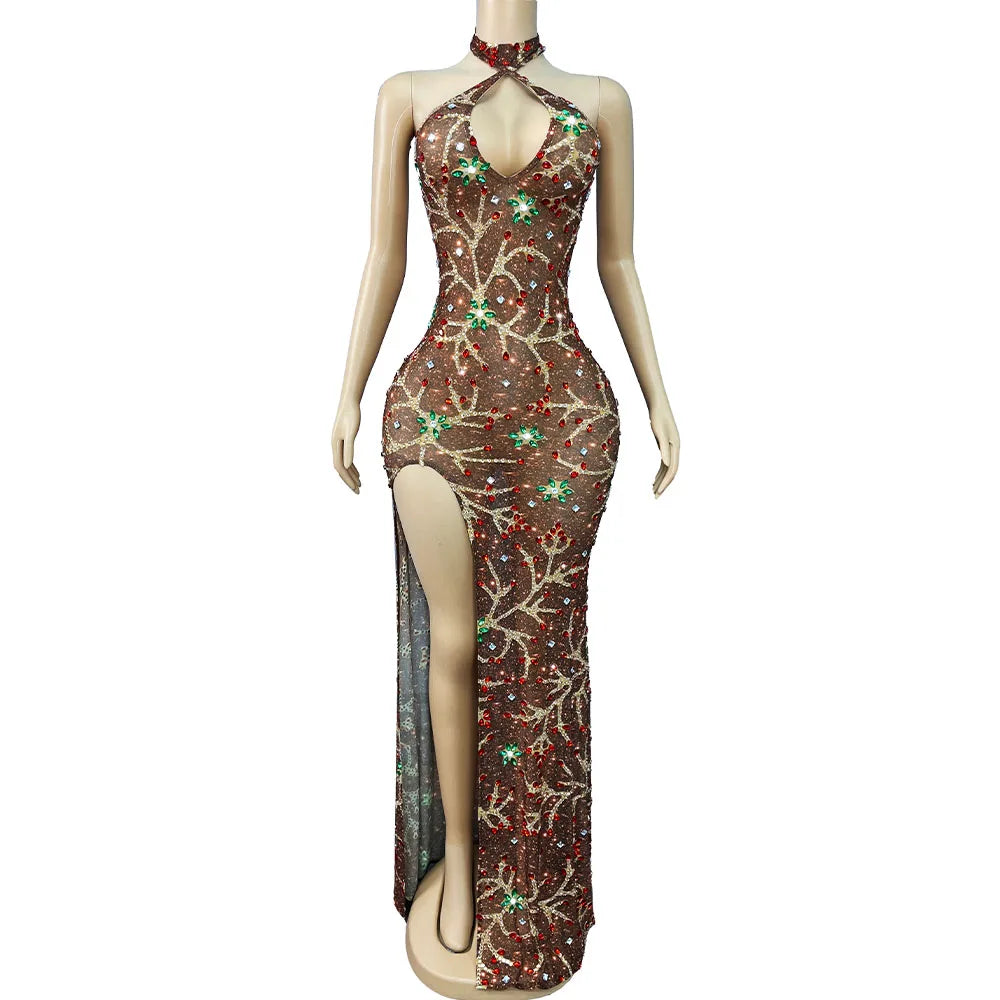Women Sexy Shining Rhinestones V-neck Halterneck High Split Dress Birthday Wedding Evening Prom Gowns Red Carpet Stage Outfit