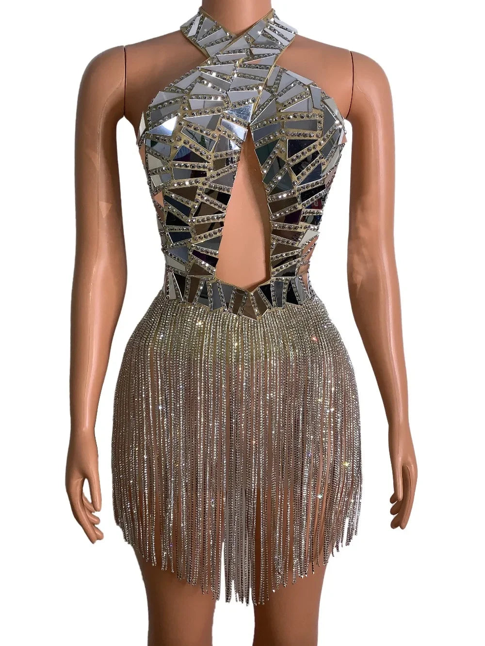 Silver Mirror Crystal Tassel Dress Women Celebrity Evening Celebrate Party Birthday Short Dress Bar Singer Costume