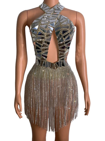 Silver Mirror Crystal Tassel Dress Women Celebrity Evening Celebrate Party Birthday Short Dress Bar Singer Costume