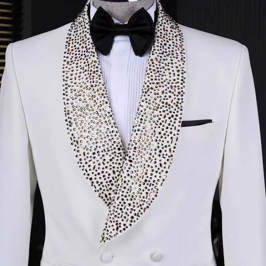 Crystals Men Suit Set 2 Piece White Blazer+Black Pant Trousers Customized Formal Office Jacket Prom Wedding Tuxedos Coat