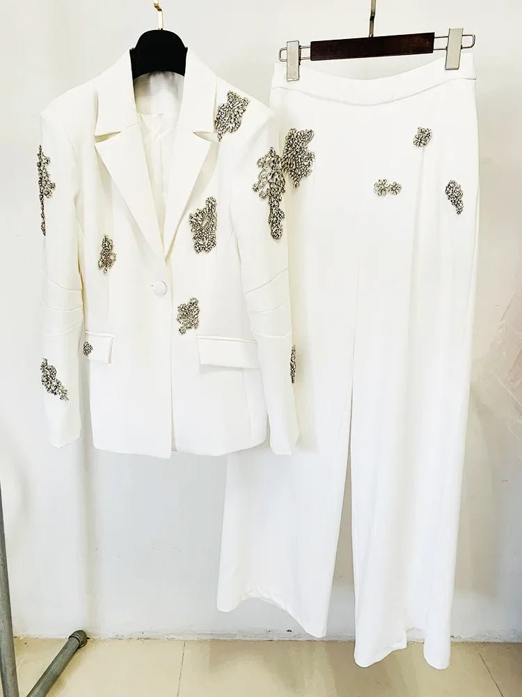 Designer Suit Women Beaded Diamonds Single Button Suit Blazer Wide-leg Pants Set 2PCS