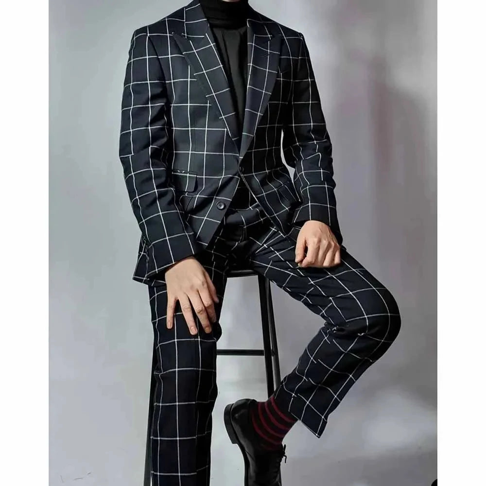 Check Formal Men's Suits for Wedding Plaid Groom Tuxedo Blazer with Pants 2 Pieces Peak Lapel Single Breasted Slim Fit Prom Suit