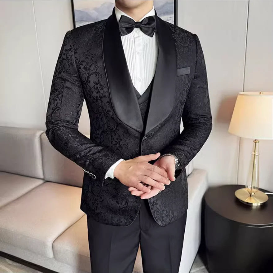 Men's British Style Business Casual Three-Piece Suit Vest Trousers High-Density Jacquard Wedding Dress