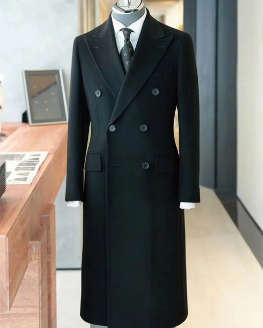 Modern Men Long Coat Double Breasted Wool Blends Business Blazers Exquisite Peaked Lapel Winter Warm Overcoat Customized