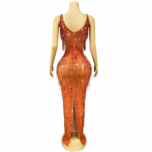 Luxury Flashing Red Crystals Fringes Sexy Hollow Out Mesh Dress Women Party Evening Gown Red Carpet Show Photoshoot Stage Wear