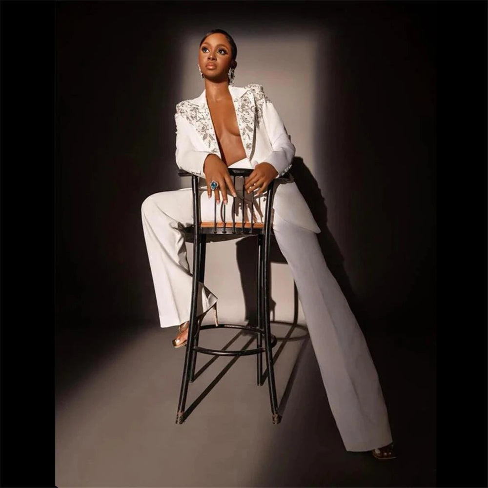 Luxury Ivory Suits Women Handmade Sliver Beaded Jacket Pants 2 PCS Female Fashion Wedding Guest Bride's Mother Dress Customized